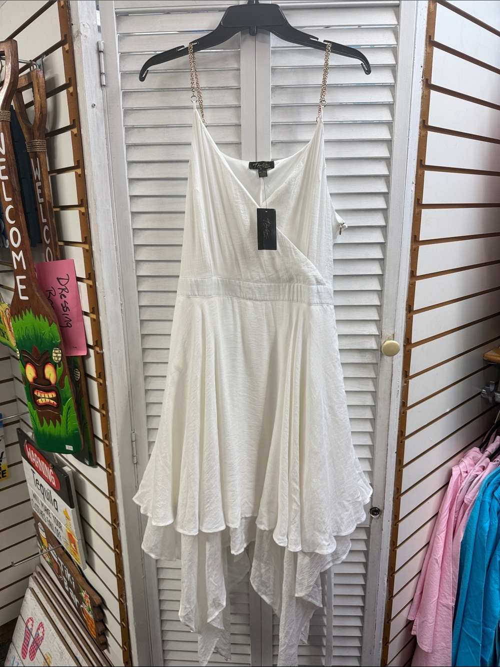White Asymmetrical Handkerchief Hem Dress with Chain Straps